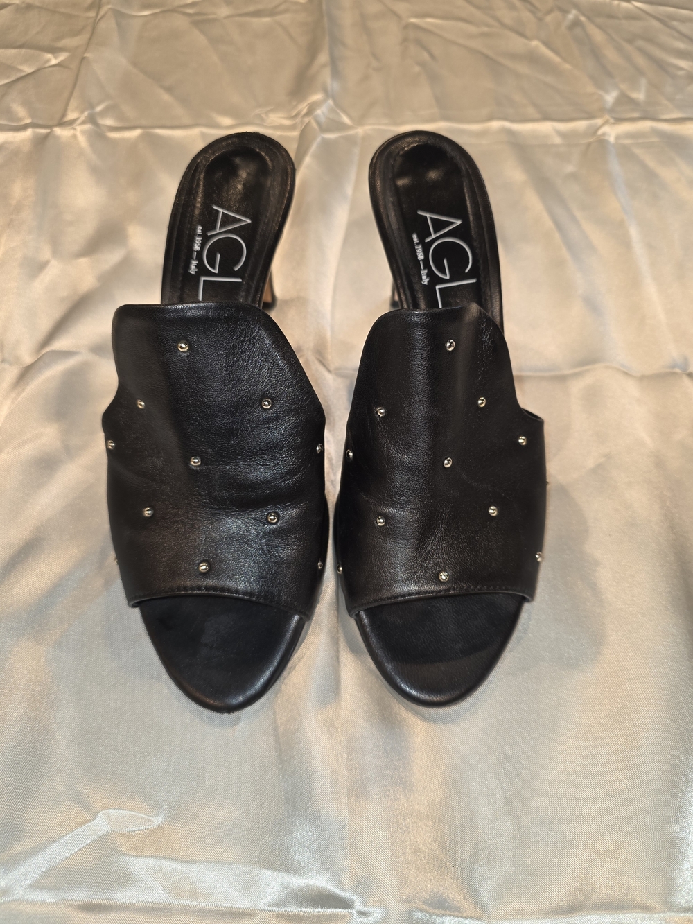 AGL Black Leather Studded Slide Mules